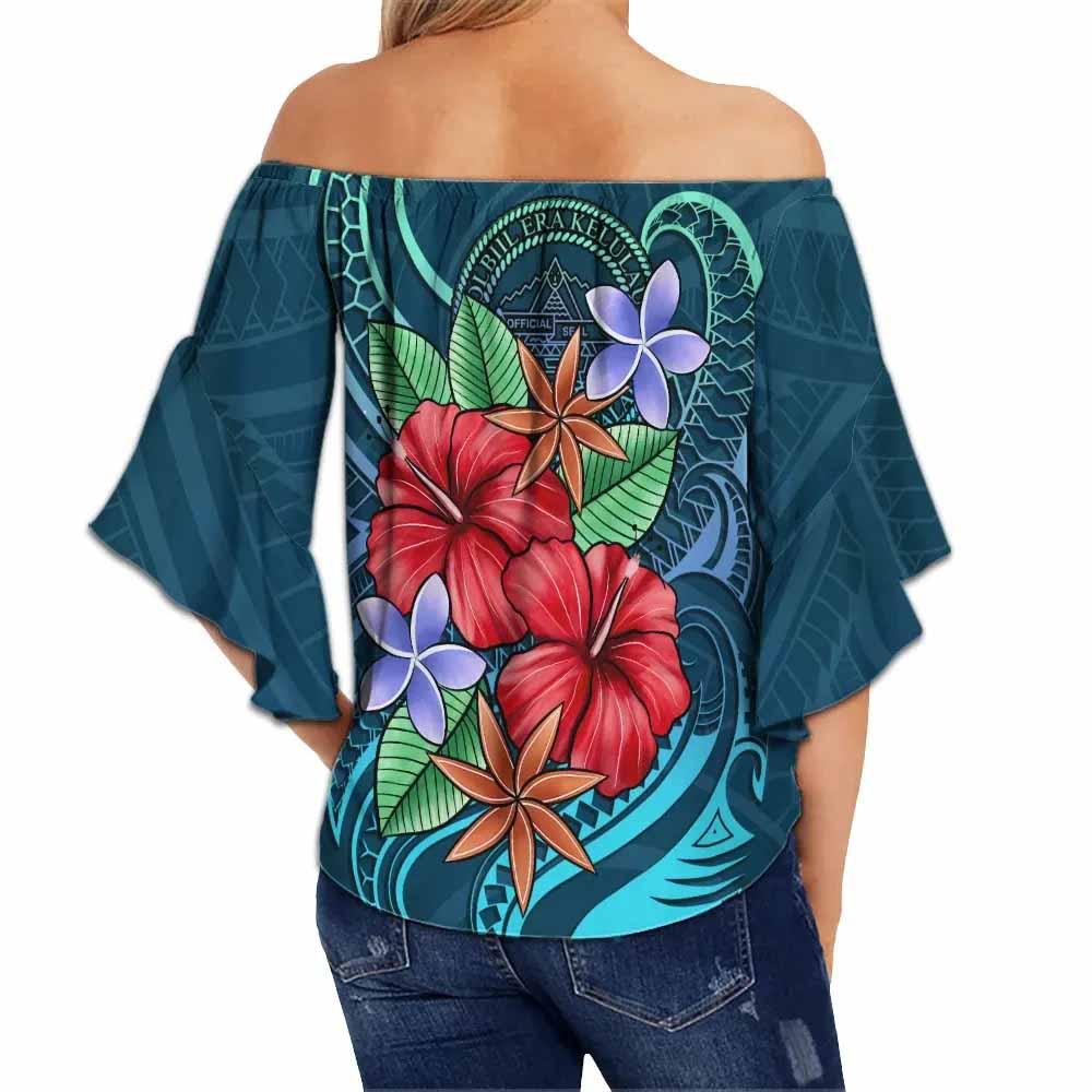 Palau Off Shoulder Wrap Waist Top - Blue Pattern With Tropical Flowers