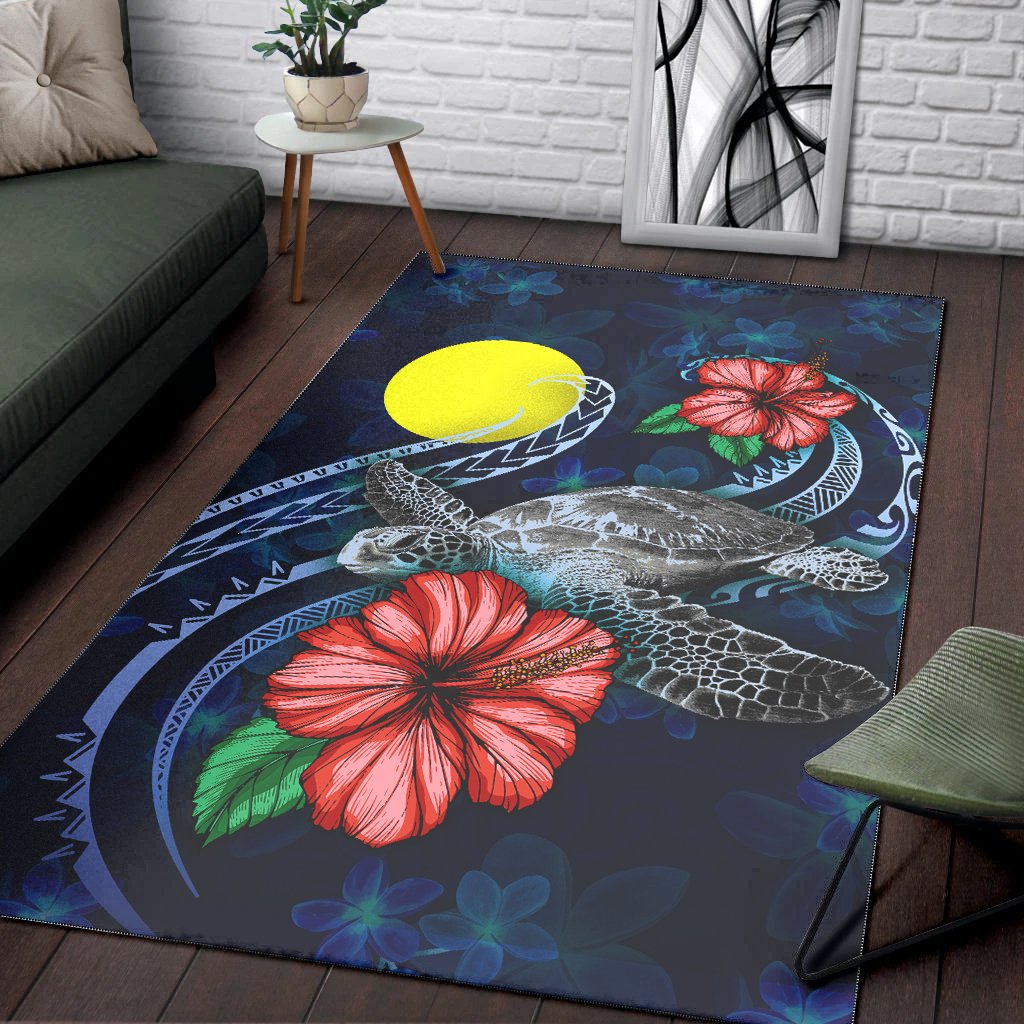 Palau Polynesian Area Rug - Blue Turtle Hibiscus