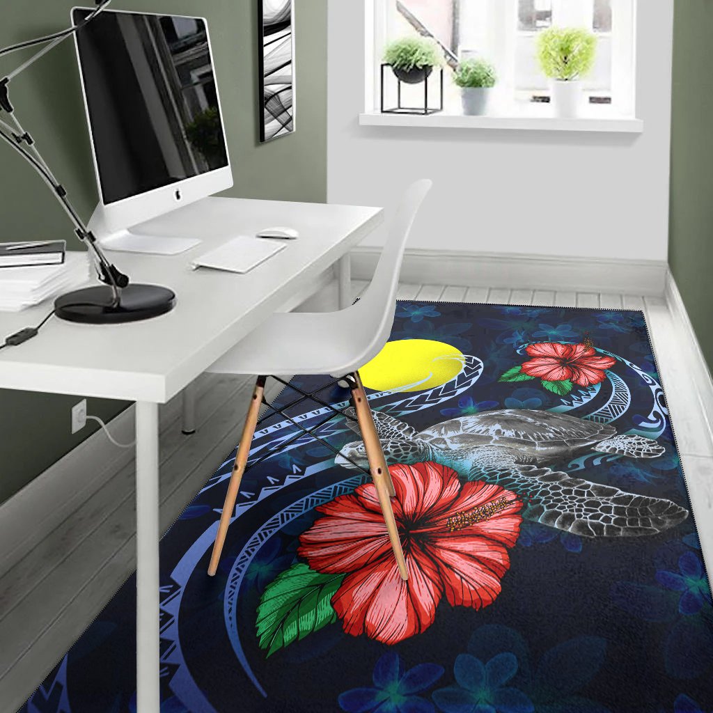 Palau Polynesian Area Rug - Blue Turtle Hibiscus