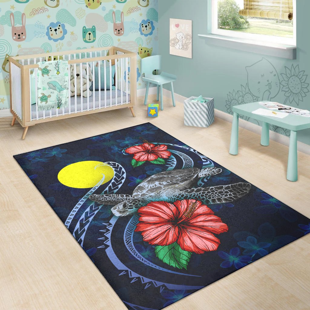 Palau Polynesian Area Rug - Blue Turtle Hibiscus