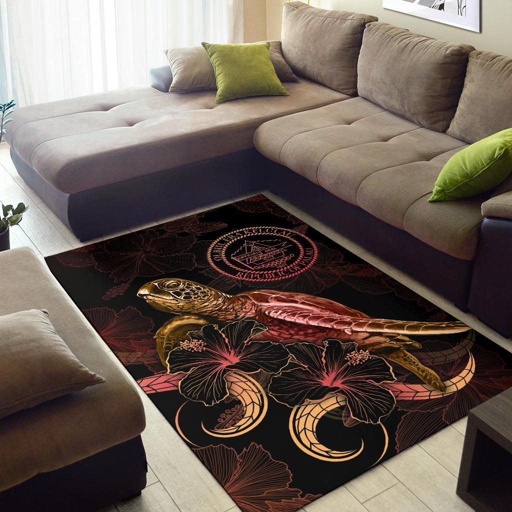Palau Polynesian Area Rugs - Turtle With Blooming Hibiscus Gold