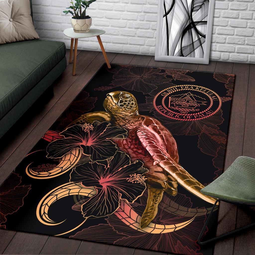 Palau Polynesian Area Rugs - Turtle With Blooming Hibiscus Gold