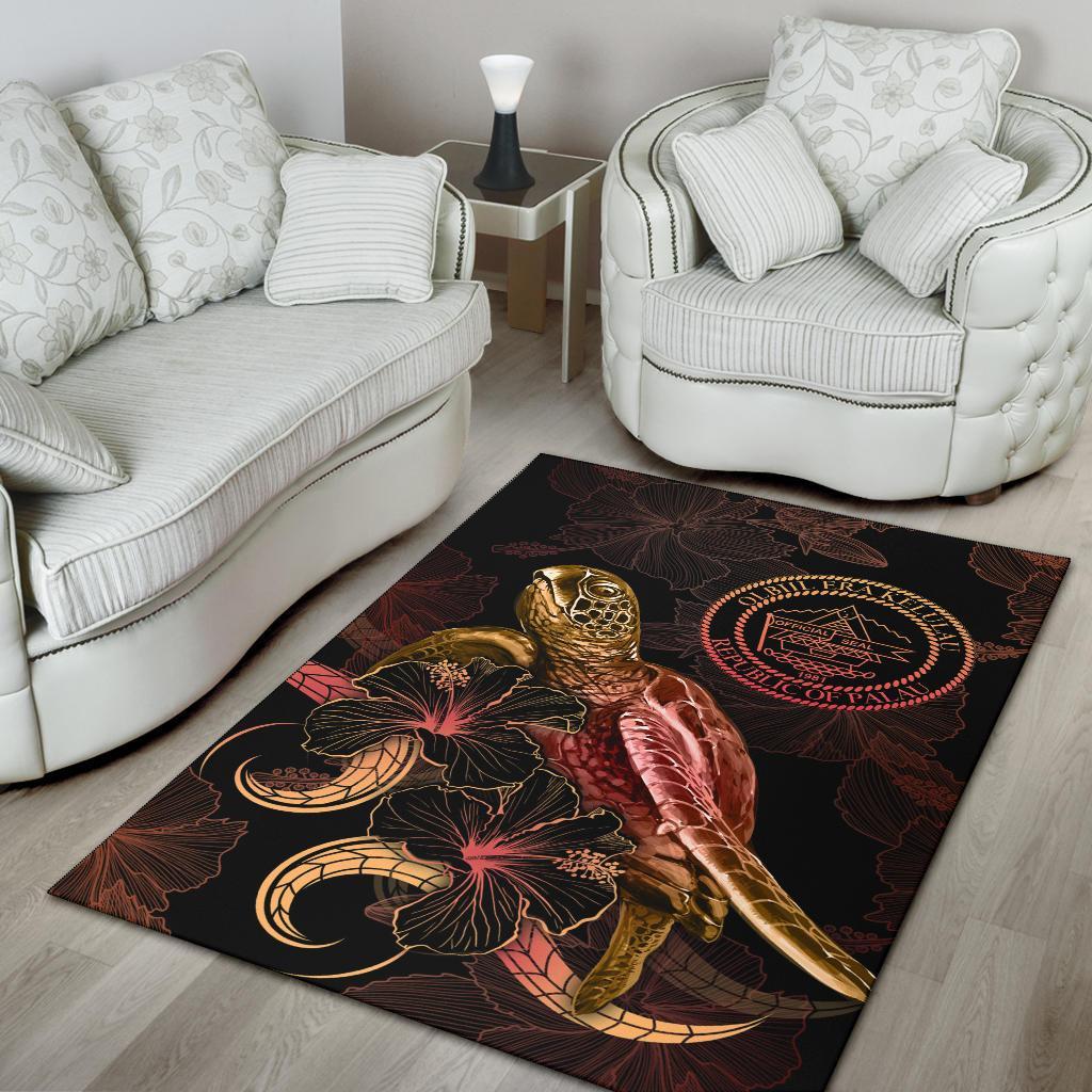 Palau Polynesian Area Rugs - Turtle With Blooming Hibiscus Gold