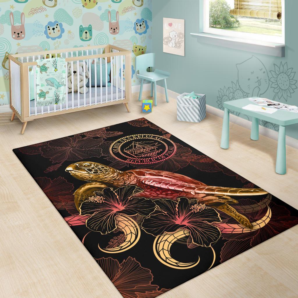 Palau Polynesian Area Rugs - Turtle With Blooming Hibiscus Gold