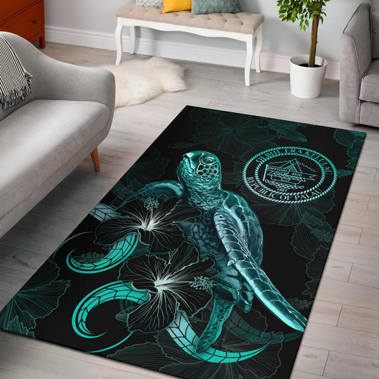 Palau Polynesian Area Rugs - Turtle With Blooming Hibiscus Turquoise