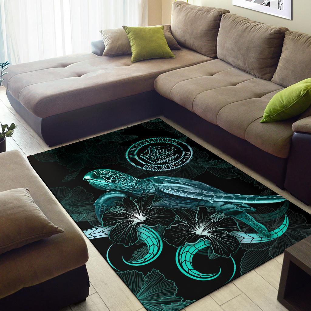 Palau Polynesian Area Rugs - Turtle With Blooming Hibiscus Turquoise