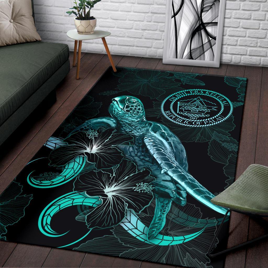 Palau Polynesian Area Rugs - Turtle With Blooming Hibiscus Turquoise