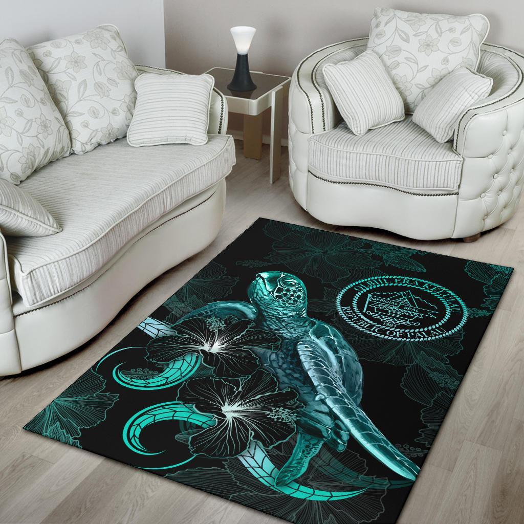 Palau Polynesian Area Rugs - Turtle With Blooming Hibiscus Turquoise