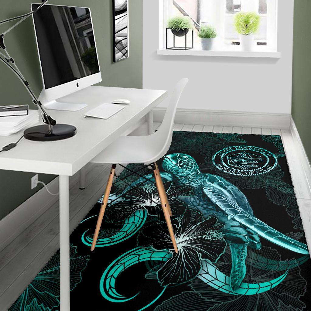 Palau Polynesian Area Rugs - Turtle With Blooming Hibiscus Turquoise