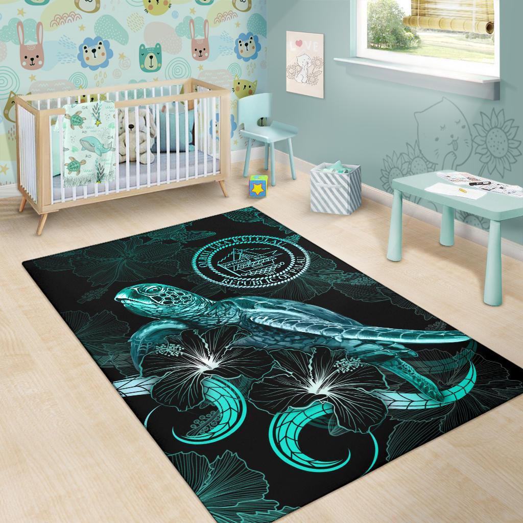 Palau Polynesian Area Rugs - Turtle With Blooming Hibiscus Turquoise