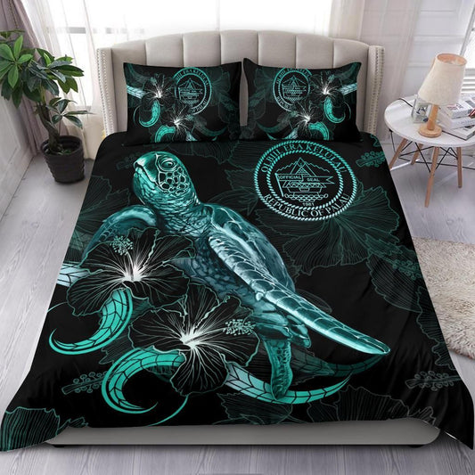 Palau Polynesian Bedding Set - Turtle With Blooming Hibiscus Turquoise