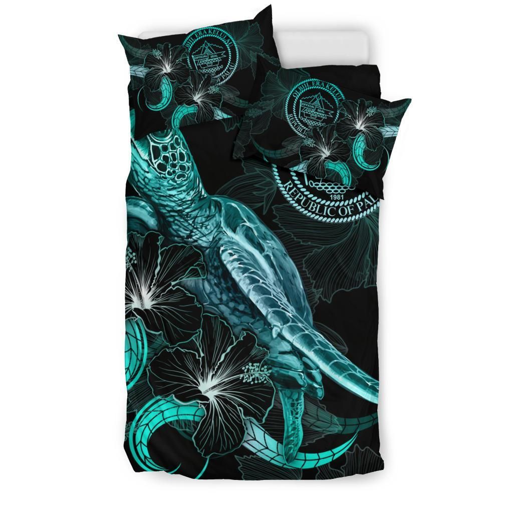 Palau Polynesian Bedding Set - Turtle With Blooming Hibiscus Turquoise