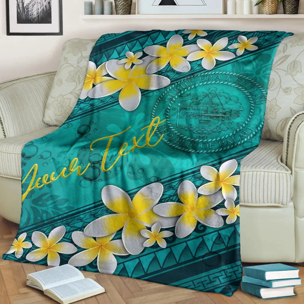 Palau Polynesian Custom Personalised Blanket - Plumeria With Blue Ocean