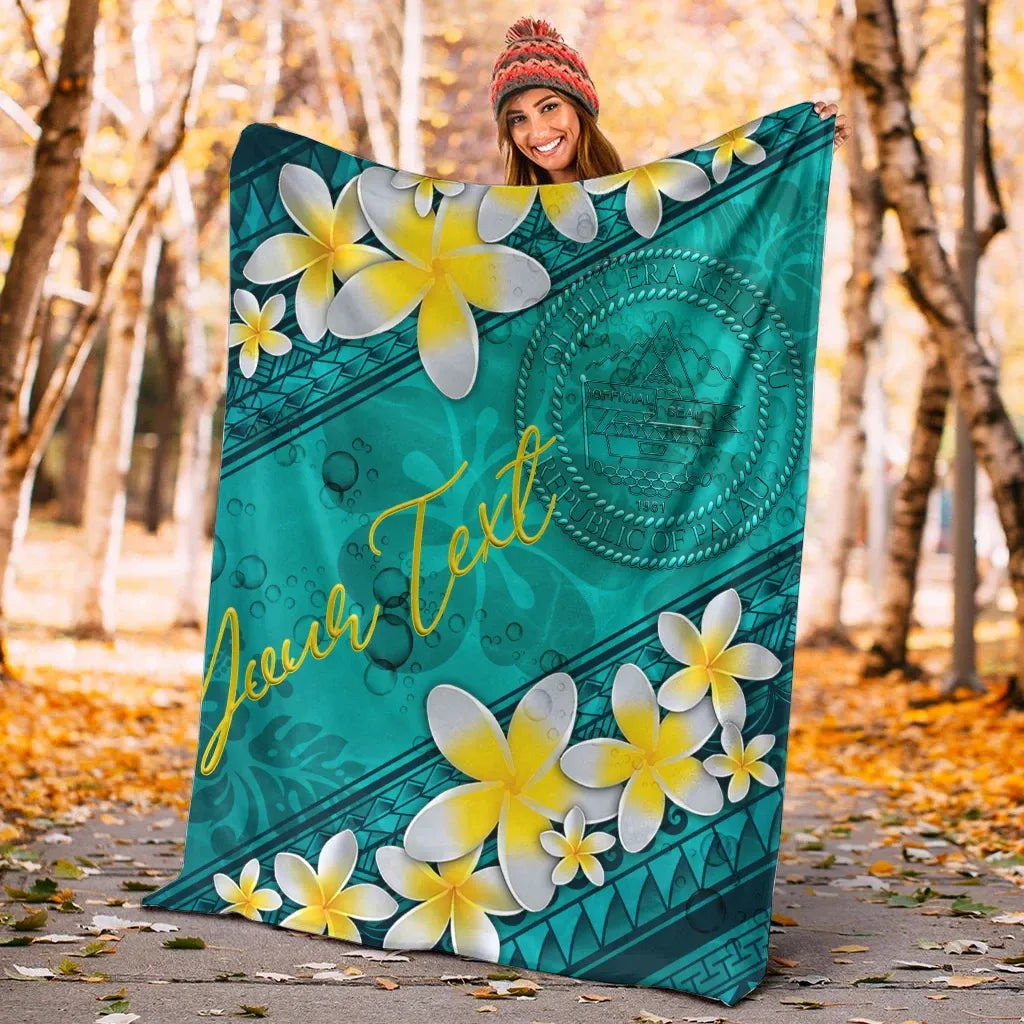 Palau Polynesian Custom Personalised Blanket - Plumeria With Blue Ocean