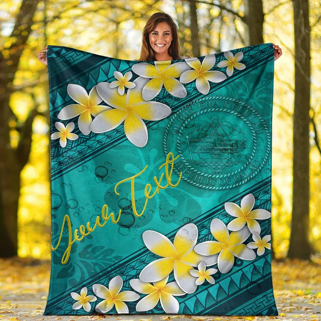 Palau Polynesian Custom Personalised Blanket - Plumeria With Blue Ocean