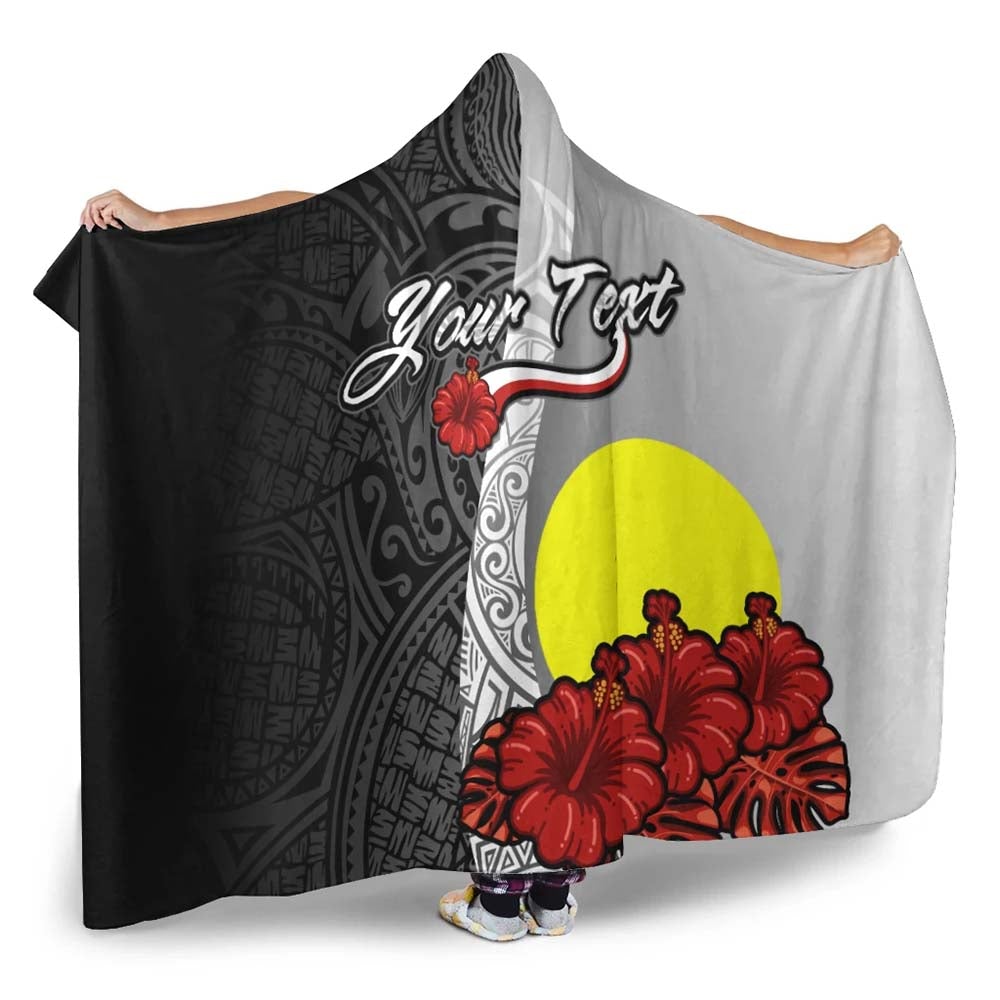 Palau Polynesian Custom Personalised Hooded Blanket- Coat Of Arm With Hibiscus White