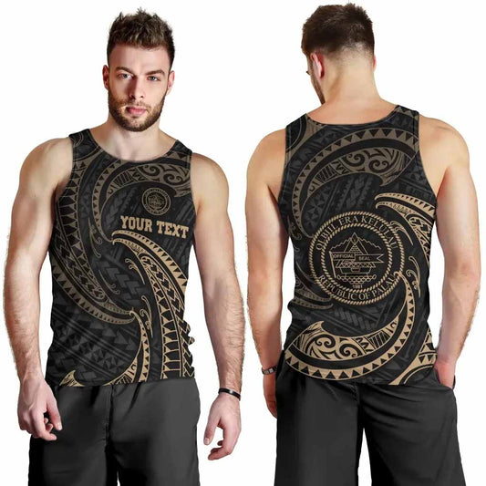 Palau Polynesian Custom Personalised Men Tank Top - Gold Tribal Wave