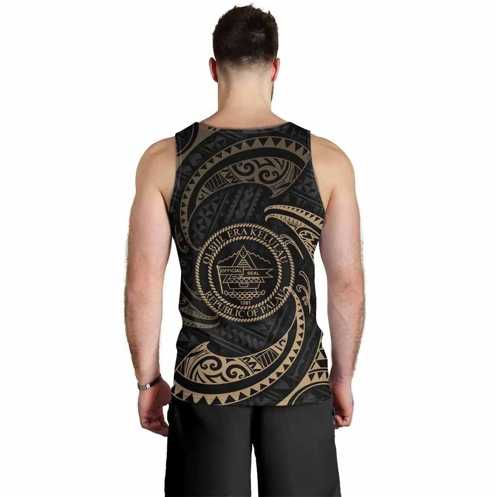 Palau Polynesian Custom Personalised Men Tank Top - Gold Tribal Wave