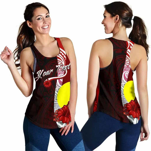 Palau Polynesian Custom Personalised Women Racerback Tank - Coat Of Arm With Hibiscus