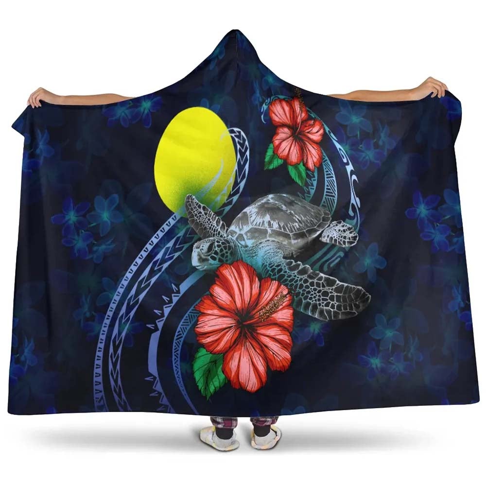 Palau Polynesian Hooded Blanket - Blue Turtle Hibiscus