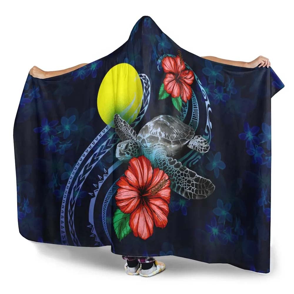Palau Polynesian Hooded Blanket - Blue Turtle Hibiscus