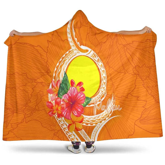 Palau Polynesian Hooded Blanket - Orange Floral With Seal