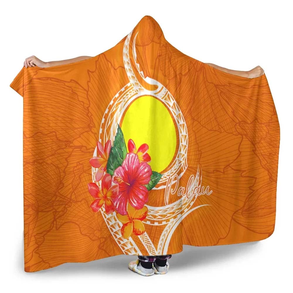Palau Polynesian Hooded Blanket - Orange Floral With Seal