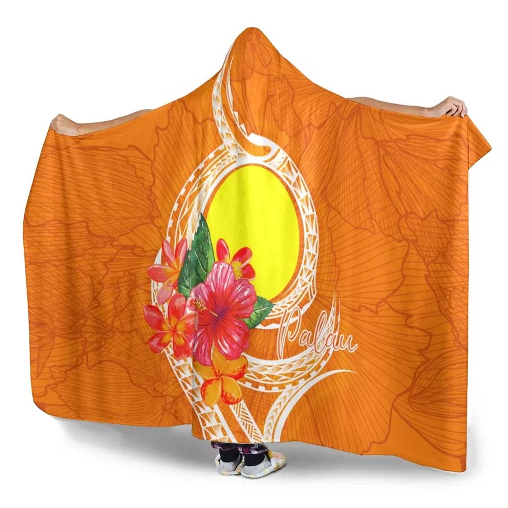 Palau Polynesian Hooded Blanket - Orange Floral With Seal