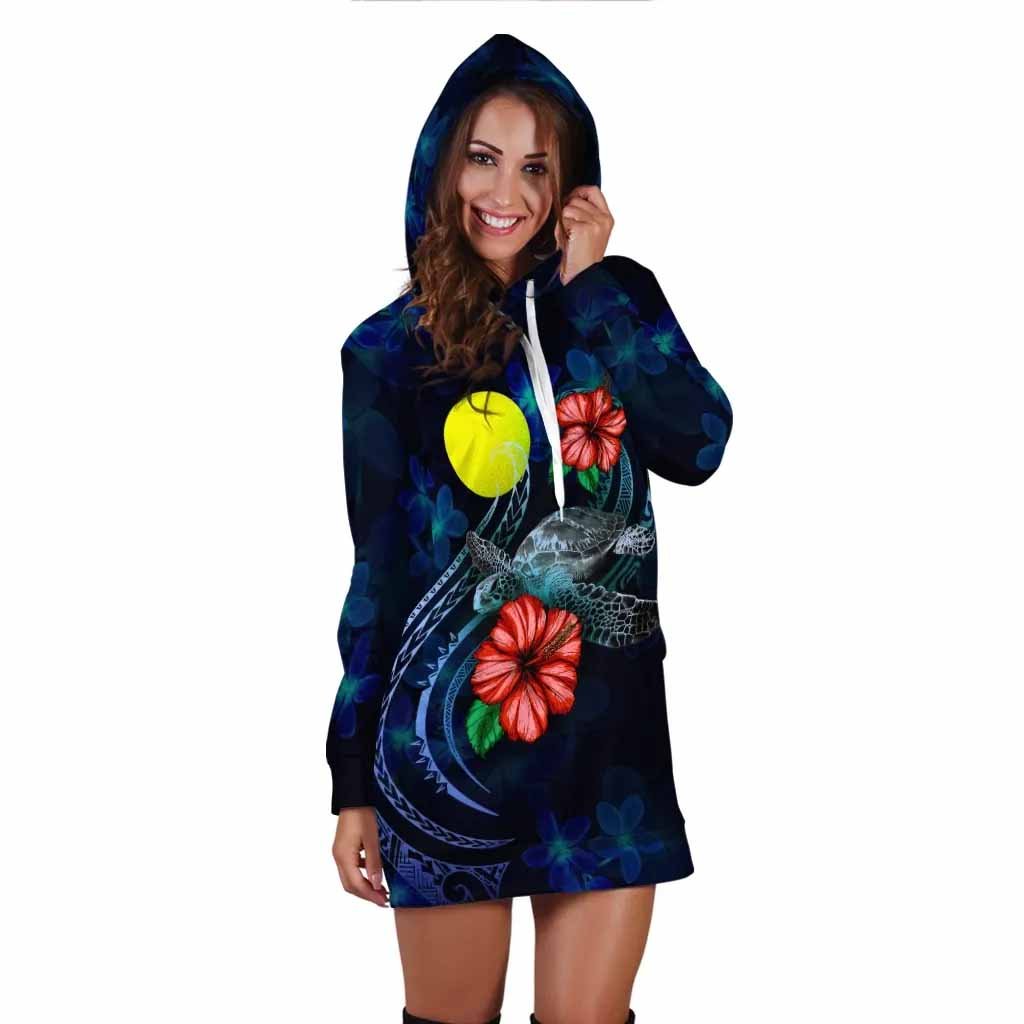 Palau Polynesian Hoodie Dress - Blue Turtle Hibiscus