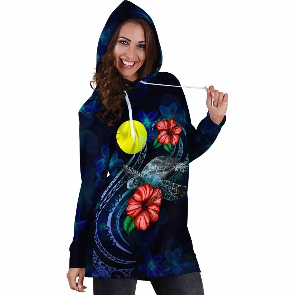 Palau Polynesian Hoodie Dress - Blue Turtle Hibiscus