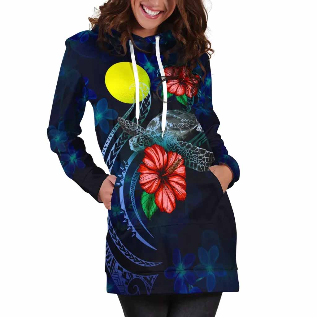 Palau Polynesian Hoodie Dress - Blue Turtle Hibiscus