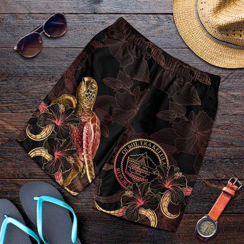 Palau Polynesian Men Shorts - Turtle With Blooming Hibiscus Gold