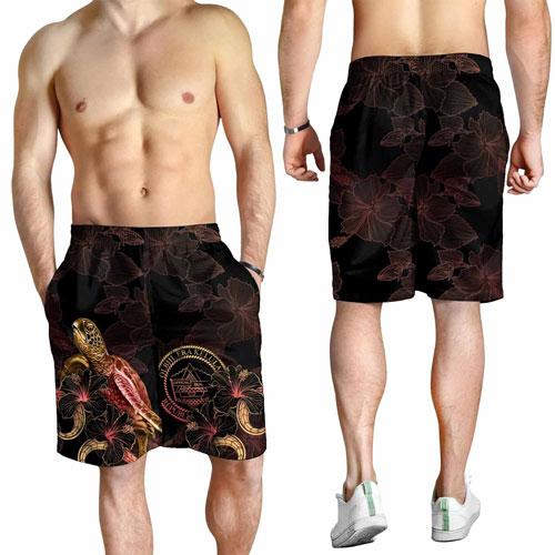 Palau Polynesian Men Shorts - Turtle With Blooming Hibiscus Gold