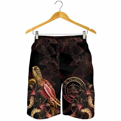 Palau Polynesian Men Shorts - Turtle With Blooming Hibiscus Gold