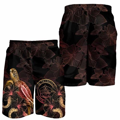 Palau Polynesian Men Shorts - Turtle With Blooming Hibiscus Gold