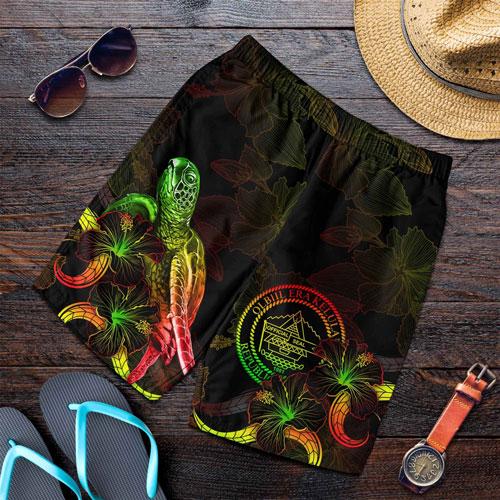 Palau Polynesian Men Shorts - Turtle With Blooming Hibiscus Reggae