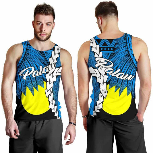 Palau Polynesian Men Tank Top - Tribal Wave Tattoo Flag Style