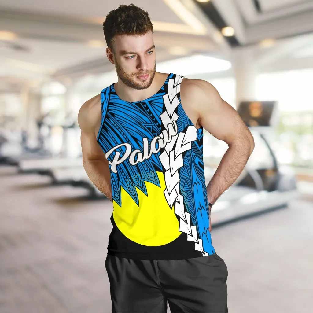 Palau Polynesian Men Tank Top - Tribal Wave Tattoo Flag Style