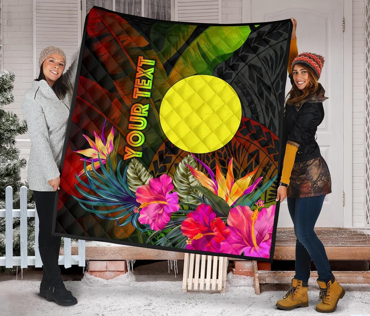 Palau Polynesian Personalised Premium Quilt -  Hibiscus and Banana Leaves