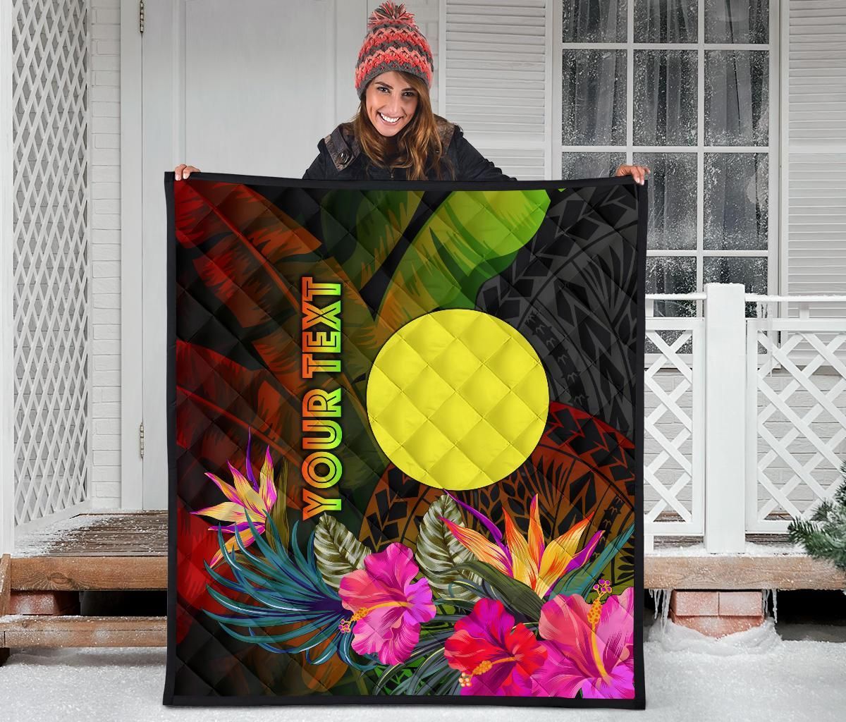 Palau Polynesian Personalised Premium Quilt -  Hibiscus and Banana Leaves