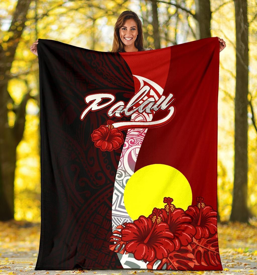 Palau Polynesian Premium Blanket - Coat Of Arm With Hibiscus