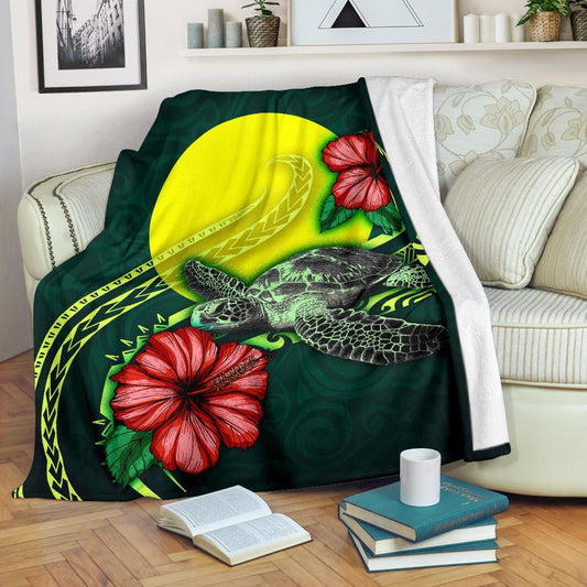 Palau Polynesian Premium Blanket - Green Turtle Hibiscus