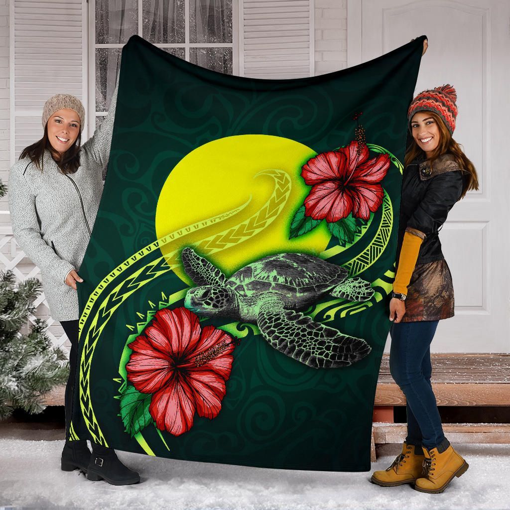 Palau Polynesian Premium Blanket - Green Turtle Hibiscus