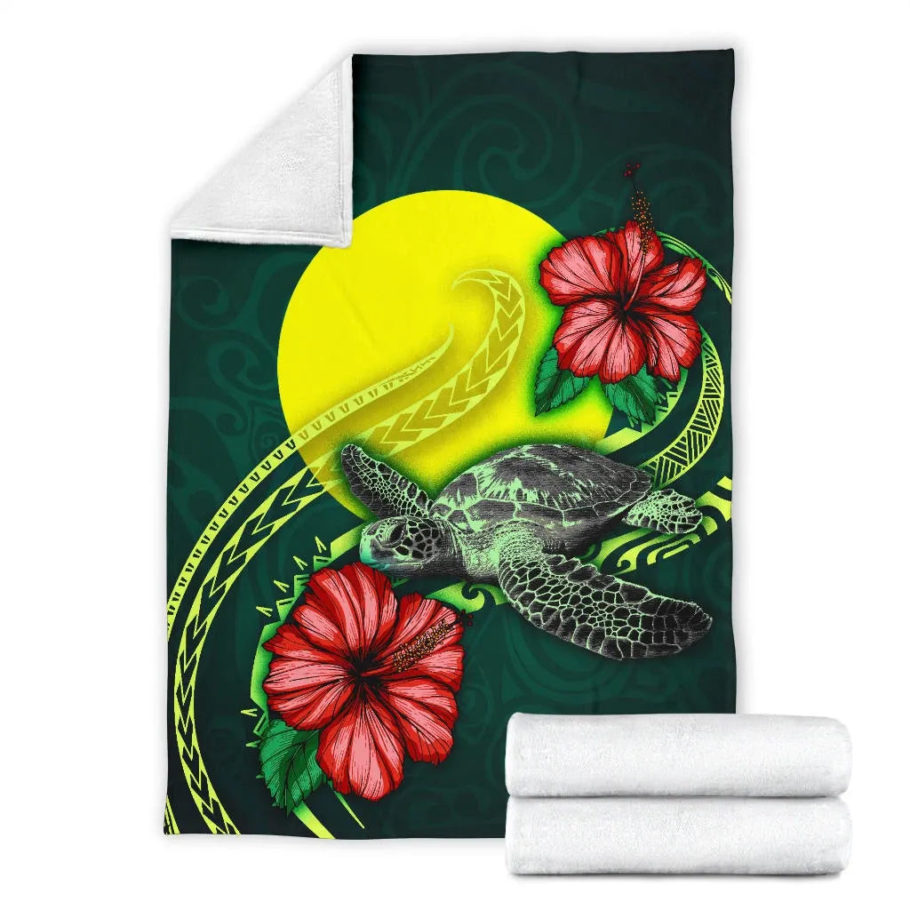 Palau Polynesian Premium Blanket - Green Turtle Hibiscus