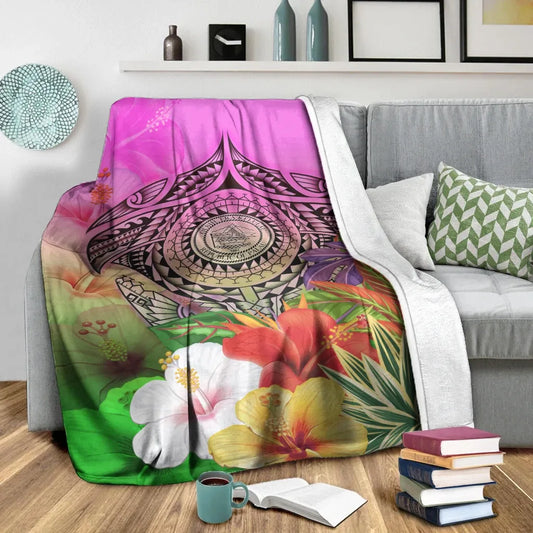 Palau Polynesian Premium Blanket - Manta Ray Tropical Flowers