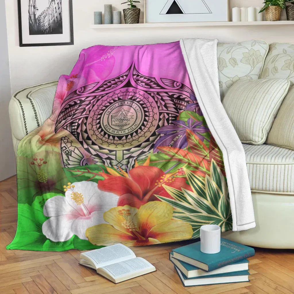 Palau Polynesian Premium Blanket - Manta Ray Tropical Flowers