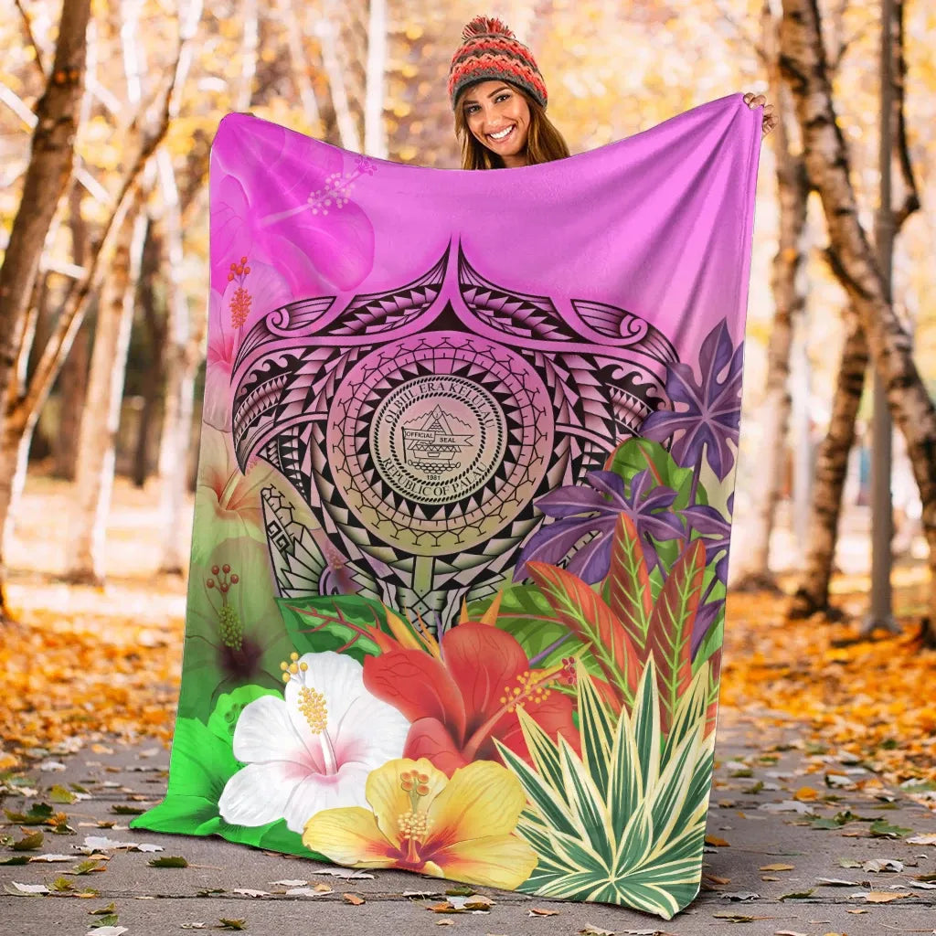 Palau Polynesian Premium Blanket - Manta Ray Tropical Flowers