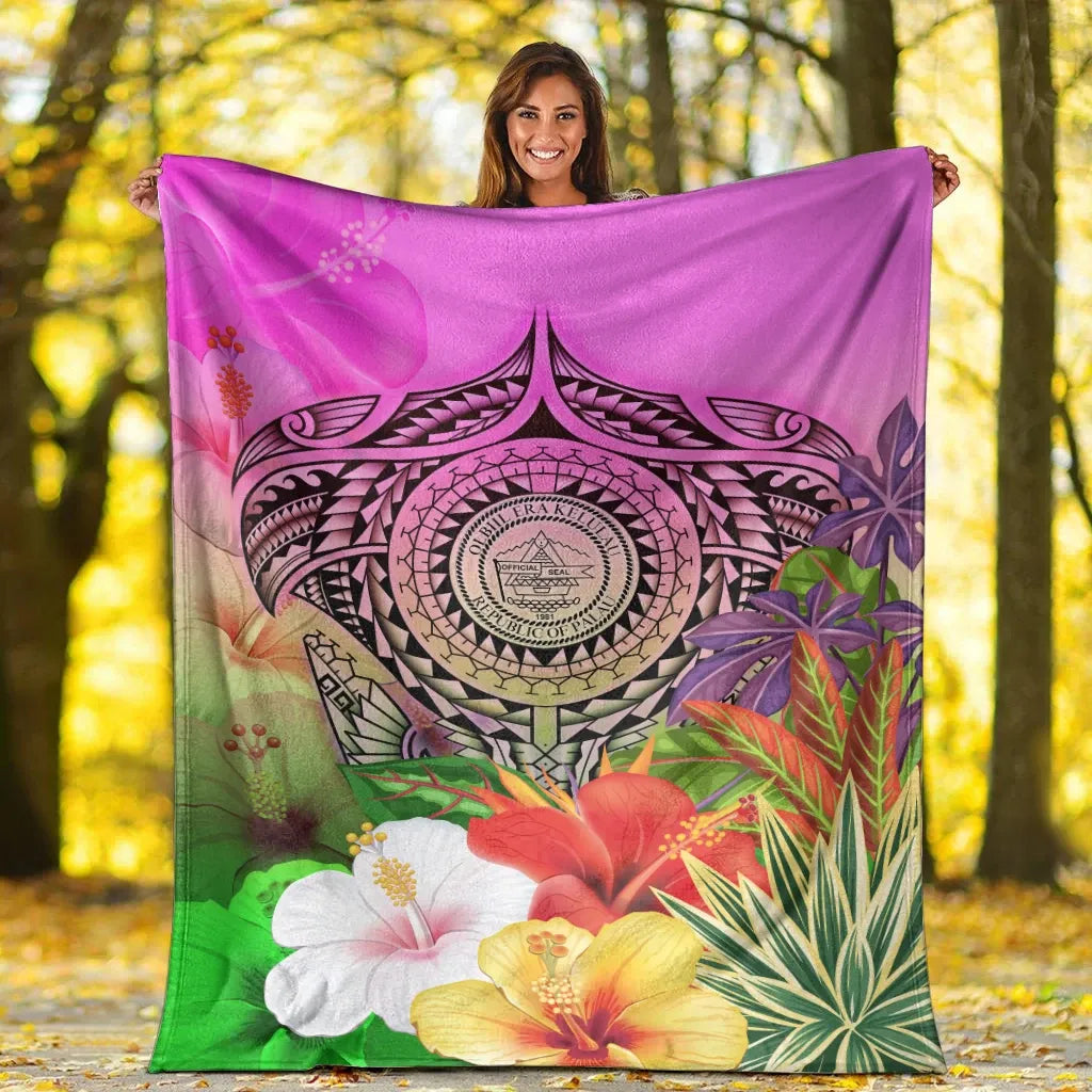 Palau Polynesian Premium Blanket - Manta Ray Tropical Flowers