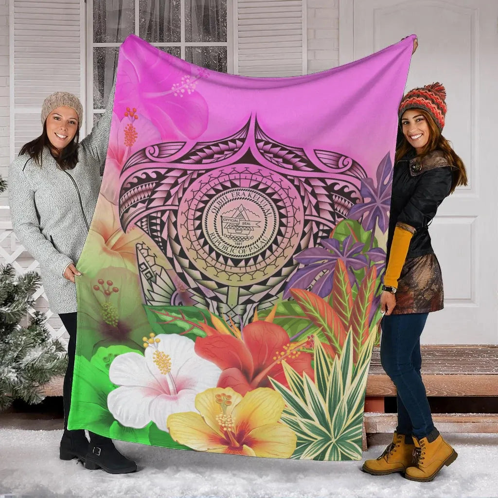 Palau Polynesian Premium Blanket - Manta Ray Tropical Flowers