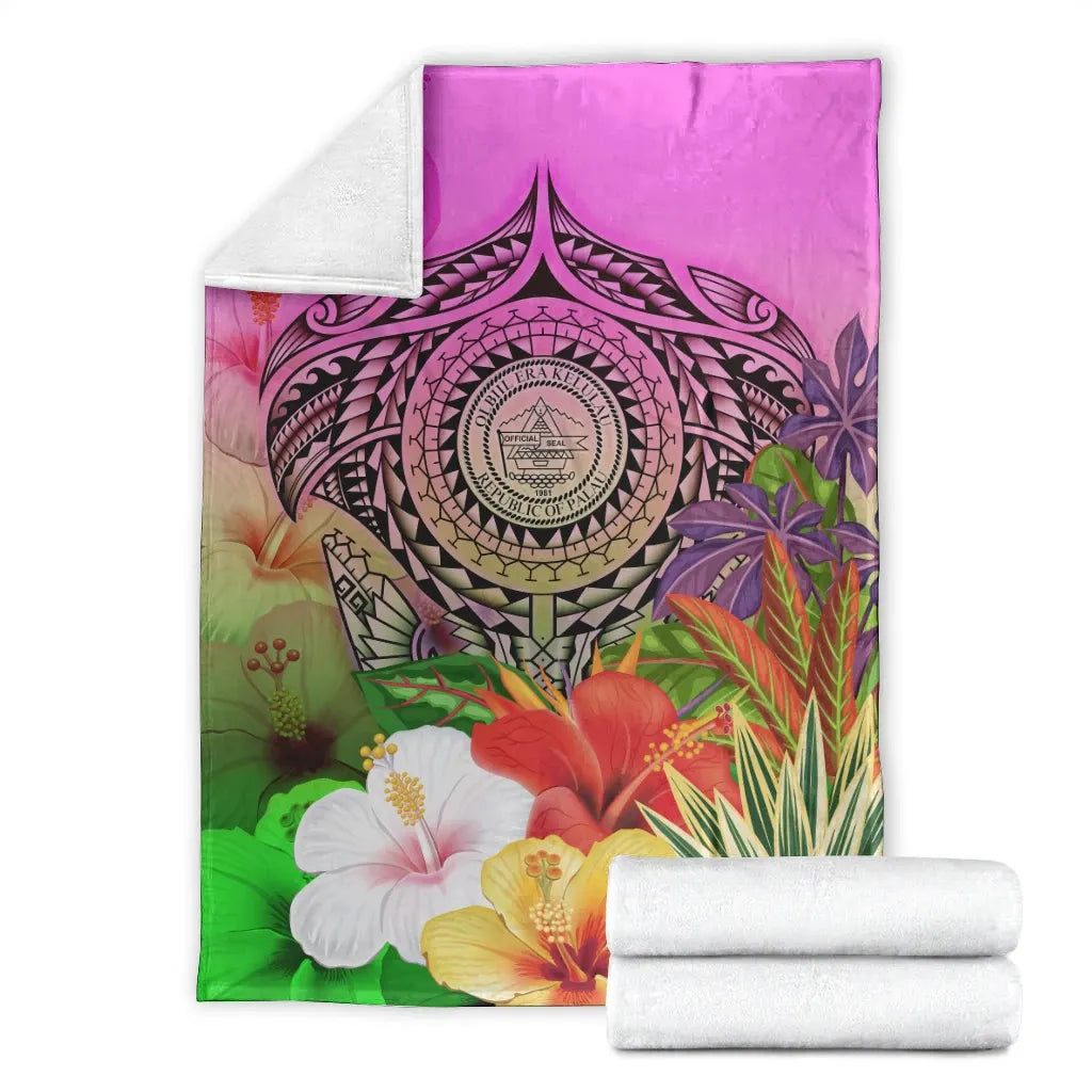 Palau Polynesian Premium Blanket - Manta Ray Tropical Flowers